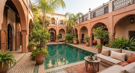 Patio illustré d’un riad marocain, piscine et arches terre cuite